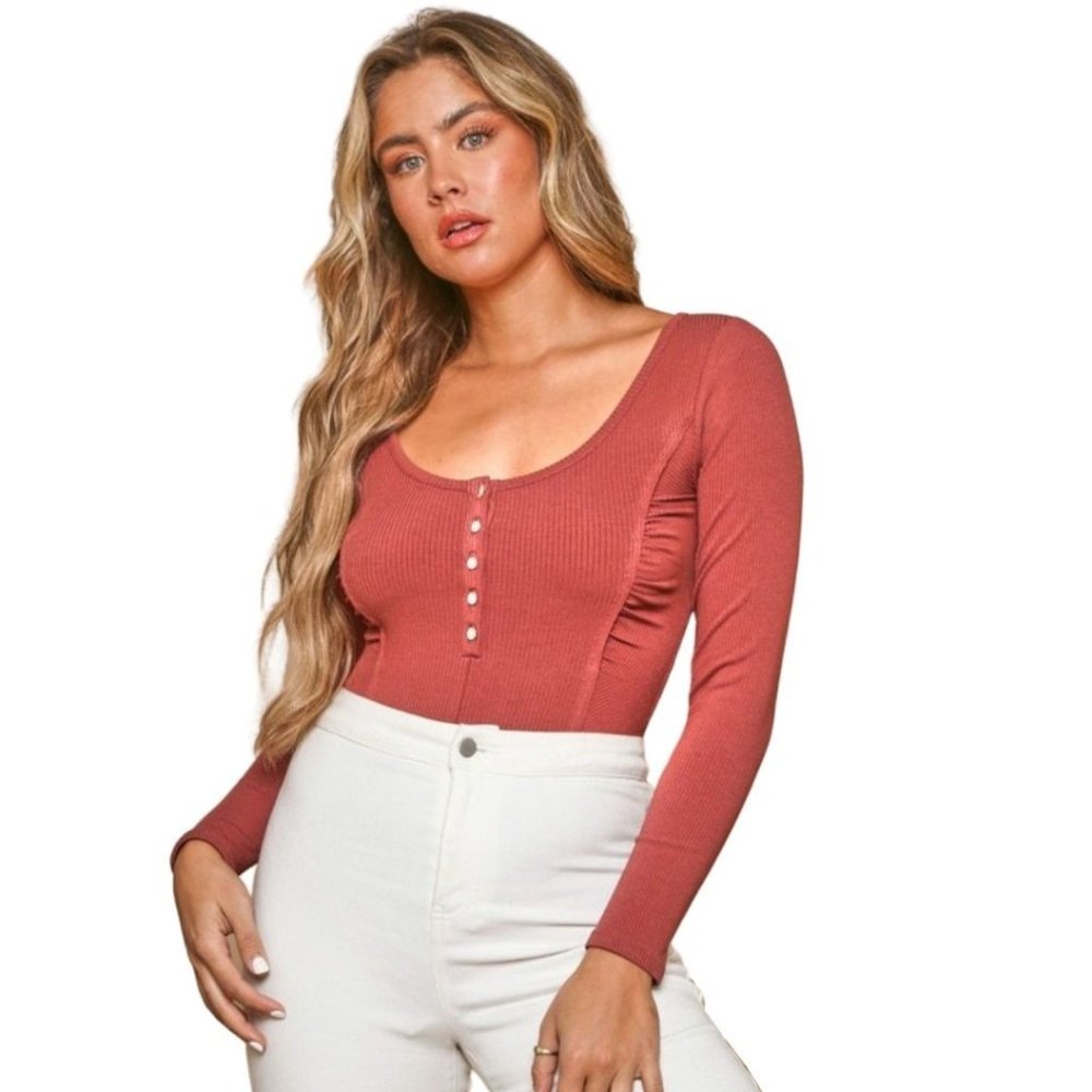 PEACH LOVE CA Ribbed Long Sleeve Terracotta Body Suit KBS84093 - Picture 5 of 8